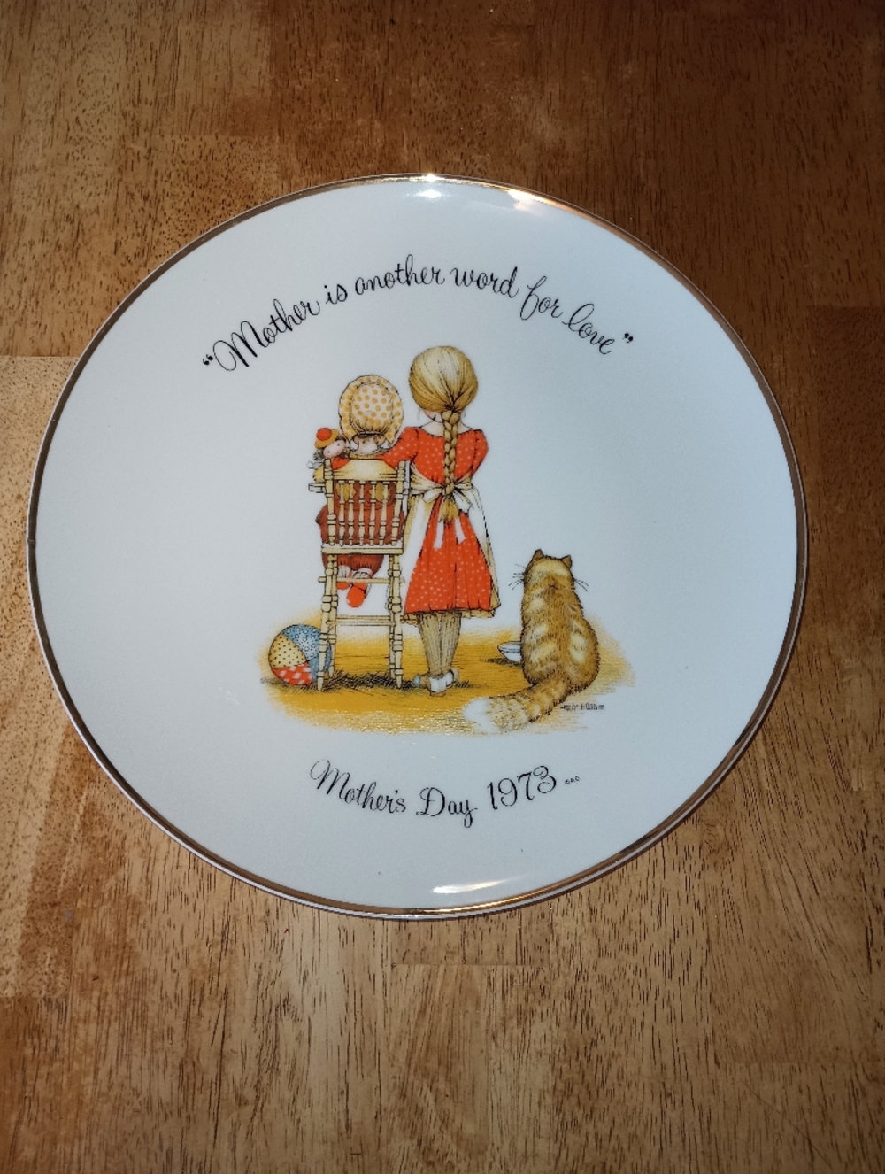 1973 Holly Hobbie Mother's Day Porcelain Plate. Gold Rim